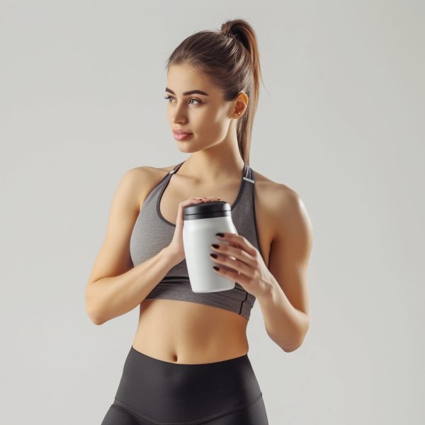 Fit woman in sportswear holding a protein shaker, looking away thoughtfully.